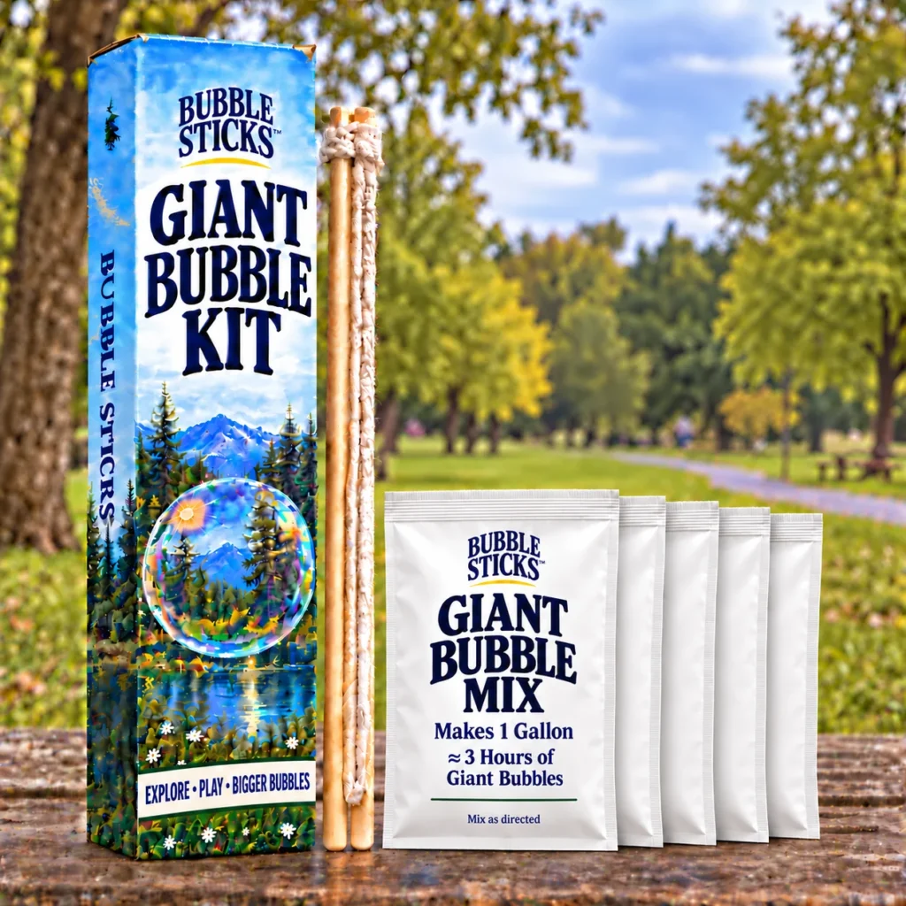 Bubble Sticks Complete Giant Bubble Kit with a wooden rope-loop wand set, five giant bubble mix pouches and scenic retail box in a park