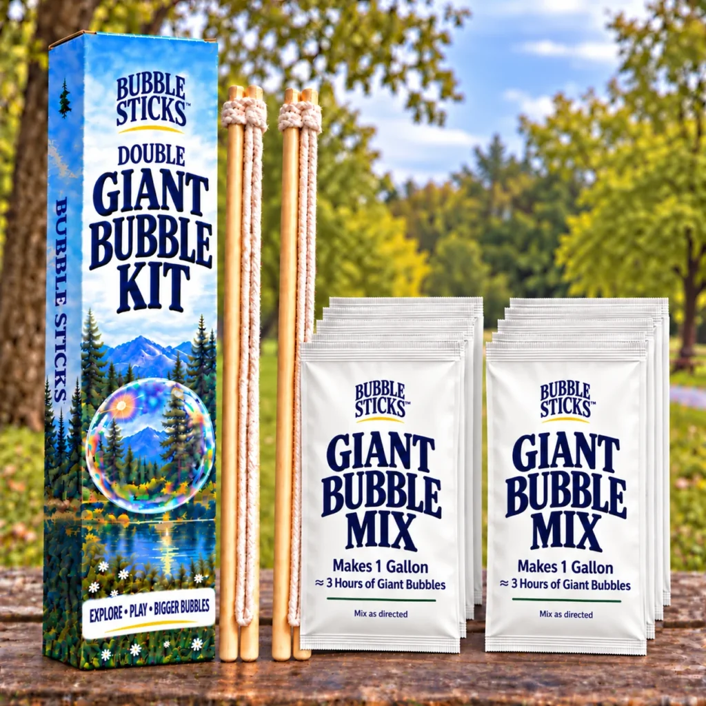 Bubble Sticks Family Double Giant Bubble Kit with two wooden rope-loop wand sets, ten giant bubble mix pouches and scenic box in a park