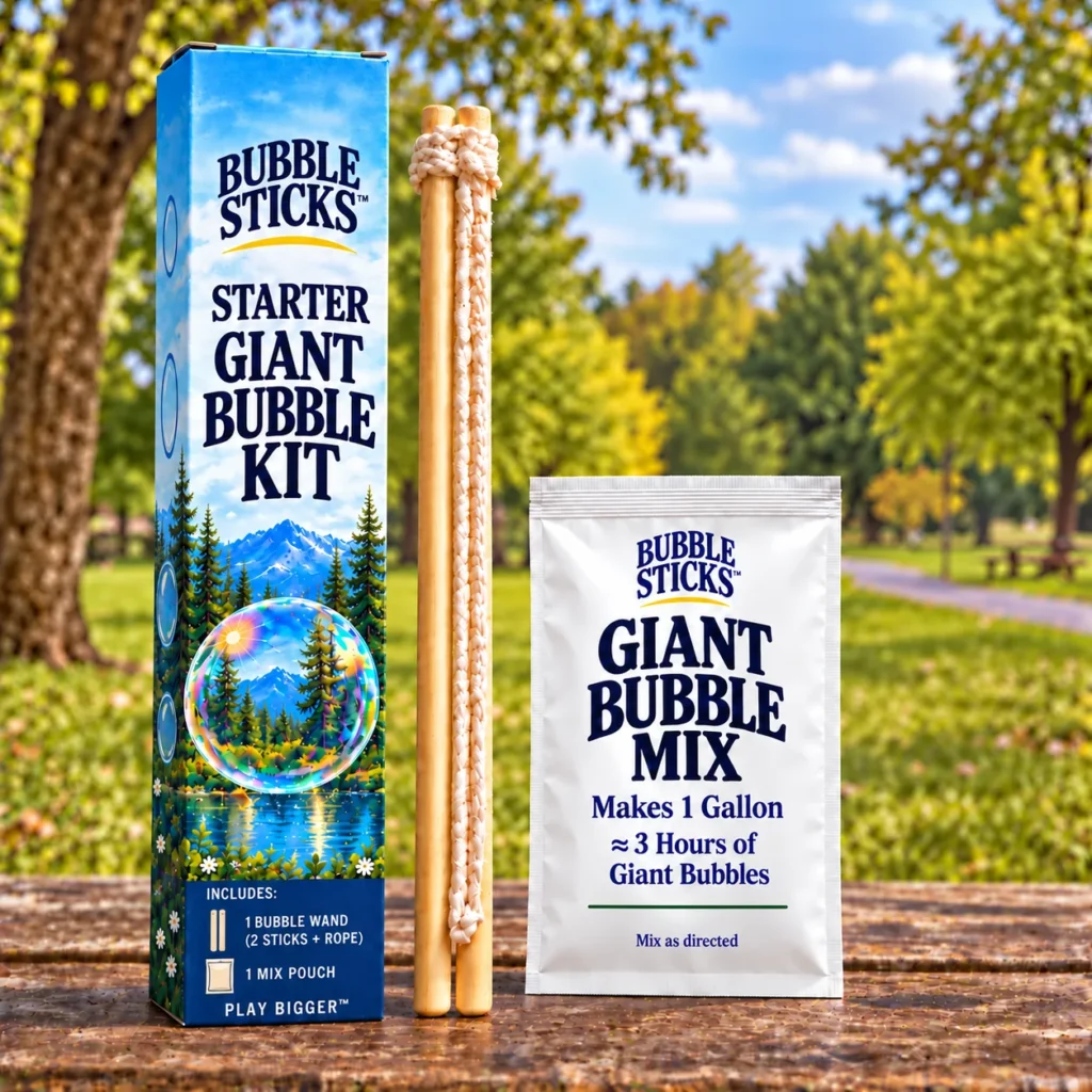 Bubble Sticks Starter Giant Bubble Kit with one wooden rope-loop wand set, one giant bubble mix pouch and blue scenic box in a park