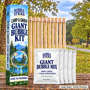 Bubble Sticks Camp and Group giant bubble kit concept with ten wooden wand sets, a tall box and five representative mix pouches